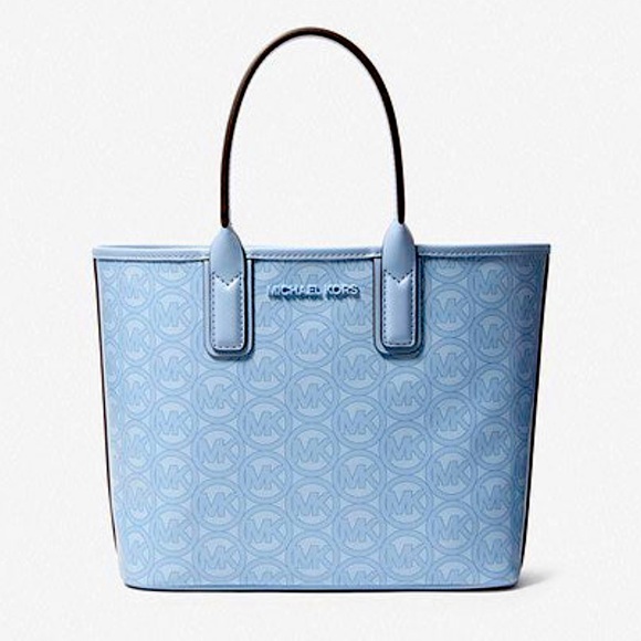 NWT Michael Kors Jodie Small Logo Jacquard Tote Bag In Pale Ocean Blue - Picture 1 of 12